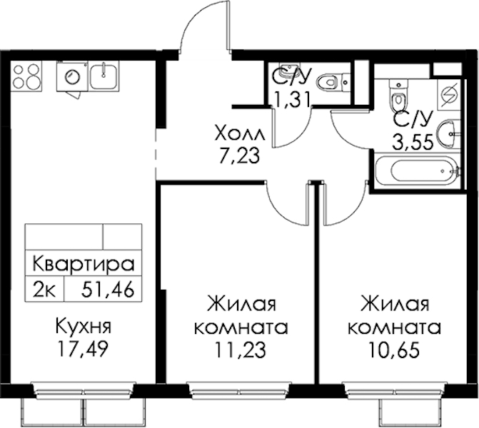 2-комнатная квартира 51.46 м², 10/15 эт., ЖК «Янинский лес»